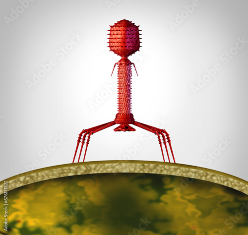Phage concept and Bacteriophage Virus pathogen as a virus with nucleic acid infecting bacteria as a virology symbol as a pathogen that attacks bacterial infections as a bacteriophages. photo