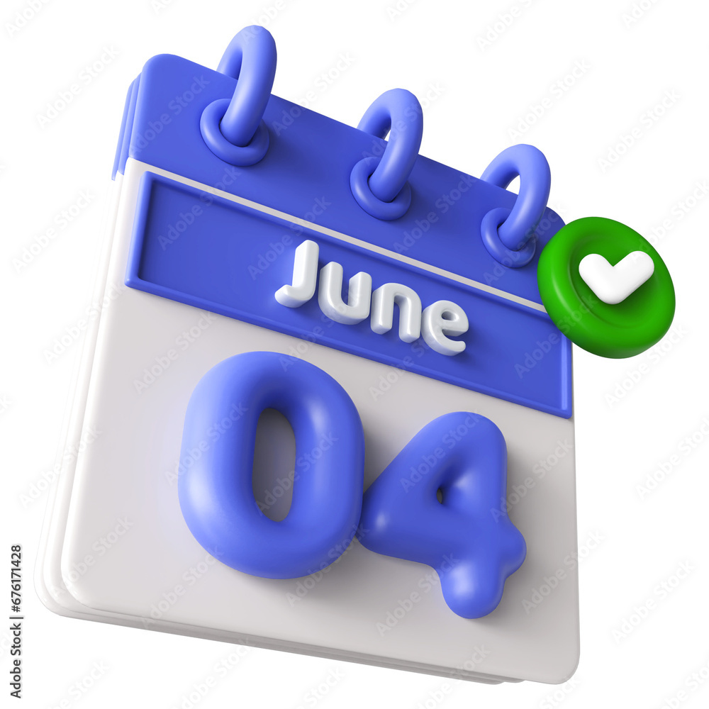 4th June Calendar 3D Render With Check Mark Icon 4th June Calendar 3D Render With Check Mark Icon