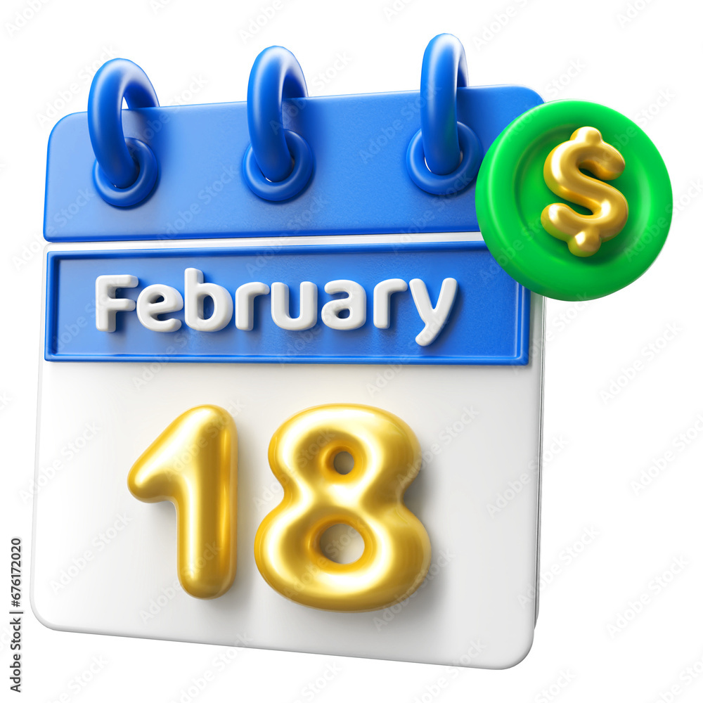 18th February Calendar 3D Render With Dollar Symbol 18th February Calendar 3D Render With Dollar Symbol