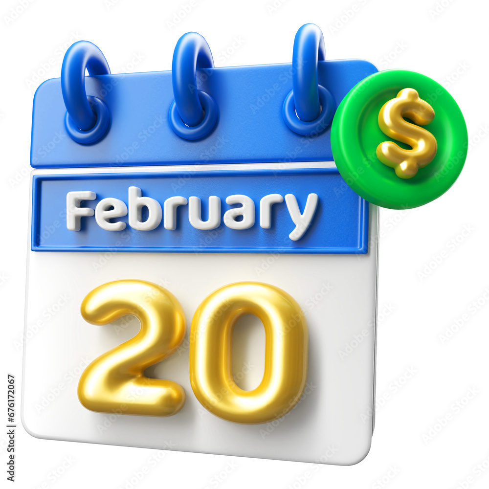 20th February Calendar 3D Render With Dollar Symbol 20th February Calendar 3D Render With Dollar Symbol