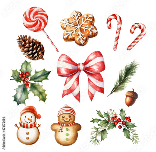 Set of Christmas candy and cookie decorations watercolor vector illustration,set of christmas elements,festival set,new year,Children's Day