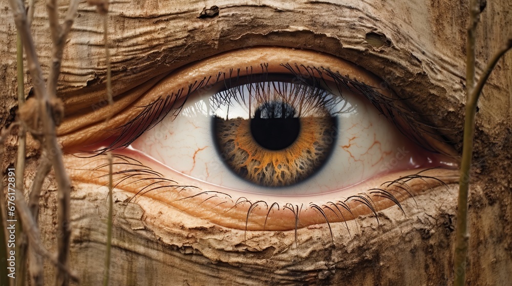 Close-up of an eye in the tree. Conceptual image - obrazy, fototapety, plakaty 