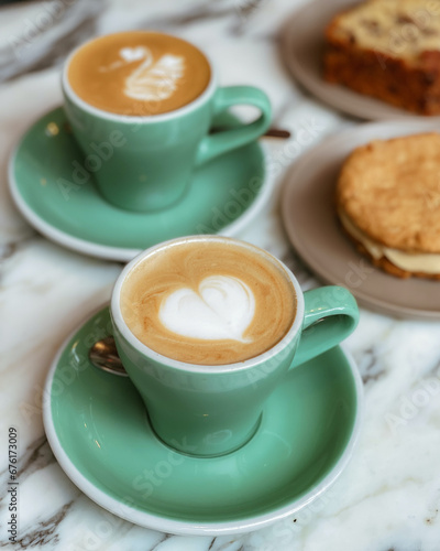 Tazas de cafe con liquido de corazon blanco y pato blanco, con galletas y budin sobre mesa de marmol en el desayuno