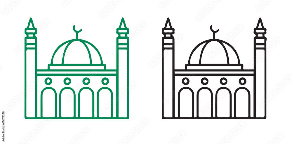 Hand Drawn Islamic Mosque Icons, Thin Linear Style Mosque Vector Illustration.