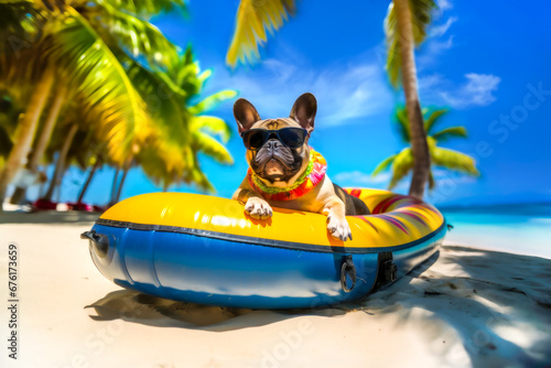 A cute french bulldog sitting in rubber dinghy on a Caribbean beach © EKH-Pictures