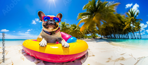 A cute french bulldog sitting in rubber dinghy on a Caribbean beach