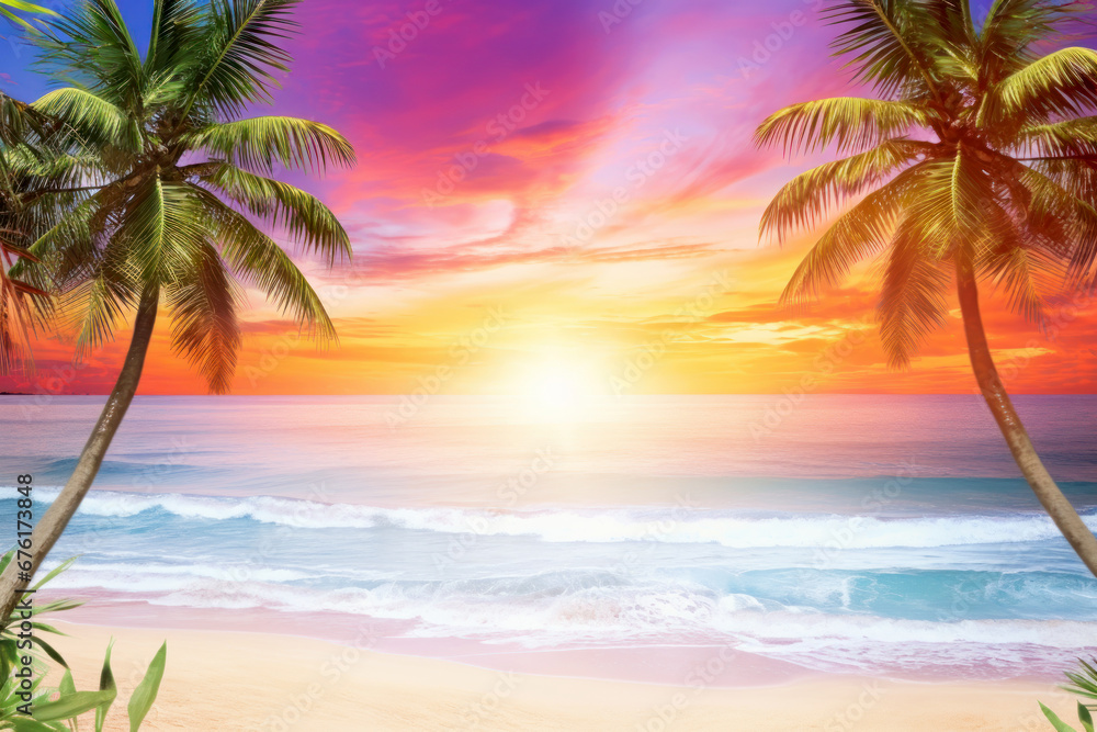 Beautiful tropical landscape illustration with palm tree, blue sky, ocean waves at sand beach. Summer vacation concept. Ideal background for traveling agencies