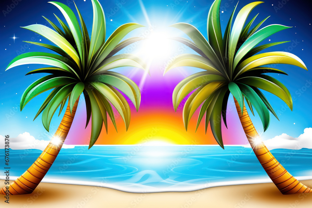 Beautiful tropical landscape illustration with palm tree, blue sky, ocean waves at sand beach. Summer vacation concept. Ideal background for traveling agencies