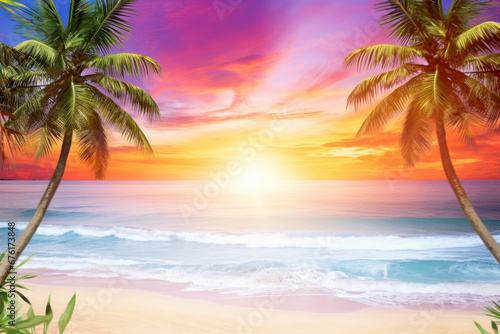 Beautiful tropical landscape illustration with palm tree, blue sky, ocean waves at sand beach. Summer vacation concept. Ideal background for traveling agencies