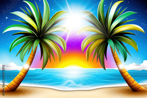 Beautiful tropical landscape illustration with palm tree  blue sky  ocean waves at sand beach. Summer vacation concept. Ideal background for traveling agencies