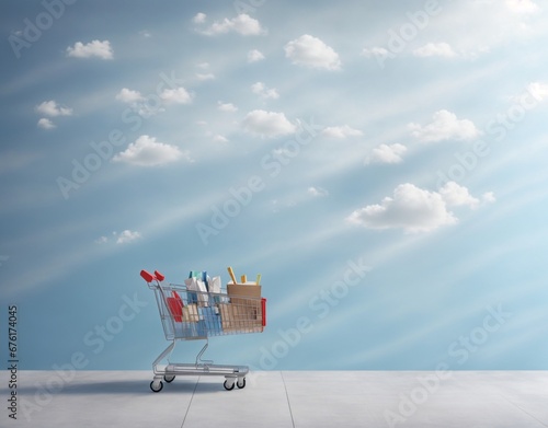 Shopping cart with groceries on Sky background