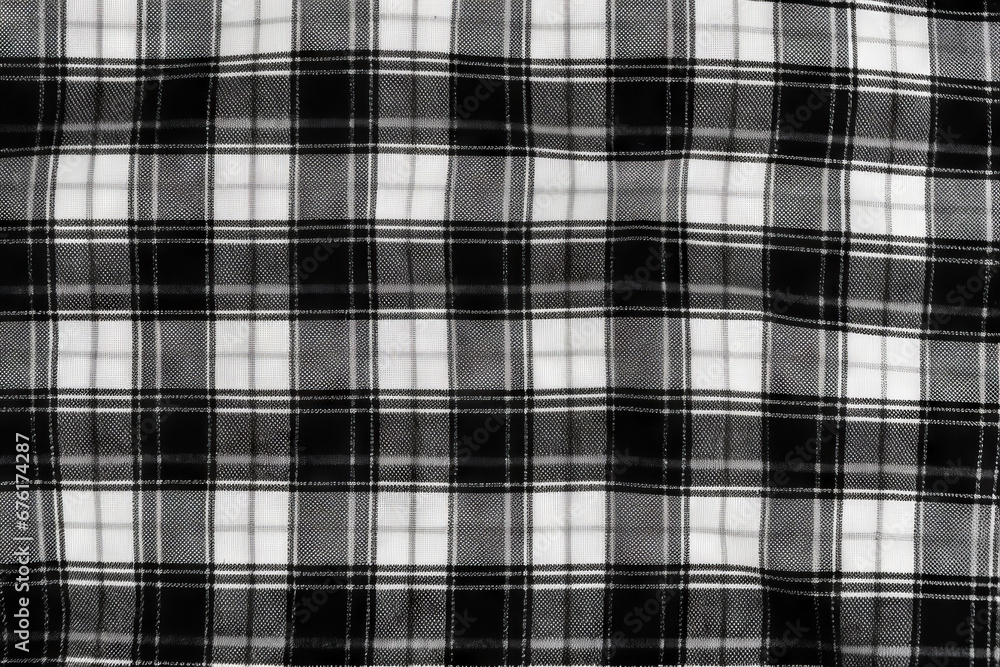 Black and white tartan fabric, closeup of surface material texture Black and white tartan fabric, closeup of surface material texture