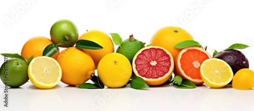 The white background beautifully emphasizes the vibrant colors of the isolated fruit set showcasing the concept of a healthy and organic lifestyle with the green leaf juicy lemon and refresh