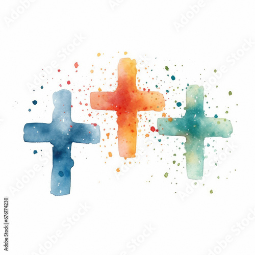The Cross - Three cross symbols, painting in modernist watercolour paint, with a clean minimalist symbolic technique