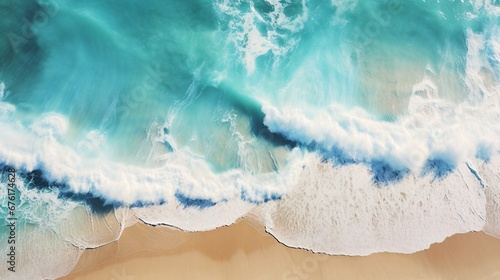Cyan Teal Blue Ocean Waves Crashing On Sandy Beach Shore, generated with AI.