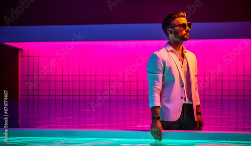 Poolside Glow: Man by the Neon Pool in Fluorescent Pink and Purple