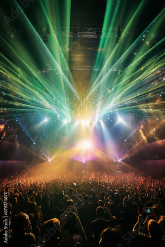 A vibrant concert with mesmerizing light effects and fantasy landscapes in the background.