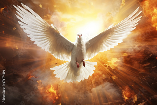 A dove gracefully flies in the sunlight, reminiscent of apocalypse art, surrounded by vivid energy explosions and hyperrealistic murals.