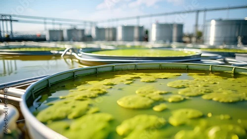 An enormous tank filled with algae cultivation beds, meticulously maintained by workers, highlighting the sites commitment to sustainable algaebased carbon capture and biofuel production. photo