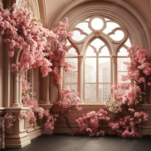 Beautiful arches adorn the background of a white room with flowers, presenting pristine geometry, realistic yet ethereal qualities, and soft hues for a touch of religious symbolism.