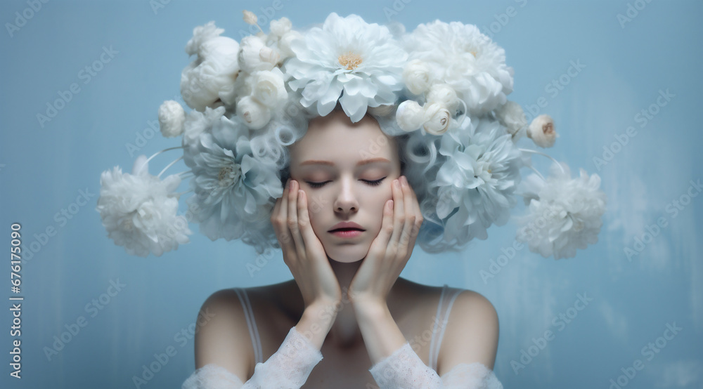 Portrait of a woman with her face in her hands. She is wearing a large bonnet made of white and blue flowers. Flawless skin. Deep in thought or sleepy.