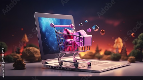 Ecommerce Shopping Cart On Laptop Background. (generative AI).