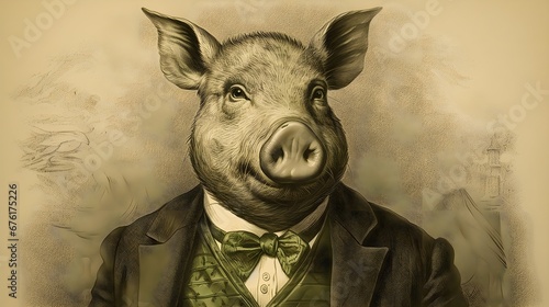 Fotografie, Obraz Greedy Green Pig Victorian Era Style Vintage Engraving