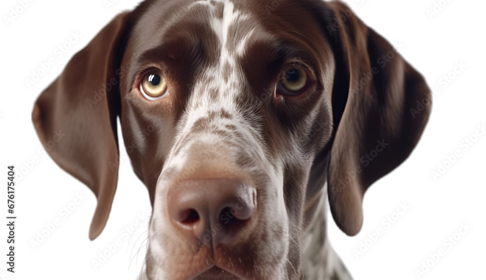 Close up shot of face of a brown german short hair pointer dog looking upwards. isolated on transparent background.