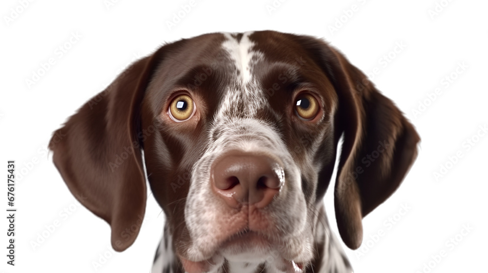 Close up of a brown german shorthaired pointer dog staring upwards. front view, isolated on transparent background. 