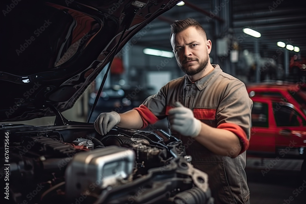 Technician caucasian man checking and repair car engine in garage, automotive and service, mechanic or labor maintenance and fix part of vehicle, automobile and transportation, industrial concept. Technician caucasian man checking and repair car engine in garage, automotive and service, mechanic or labor maintenance and fix part of vehicle, automobile and transportation, industrial concept.