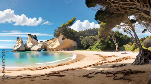 Summer Serenity: Discover the Beauty of Cathedral Cove Beach on New Zealand's Coromandel Peninsula photo