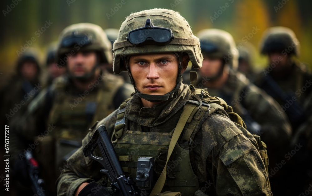 Determined soldier in combat uniform leading a platoon in a military exercise.