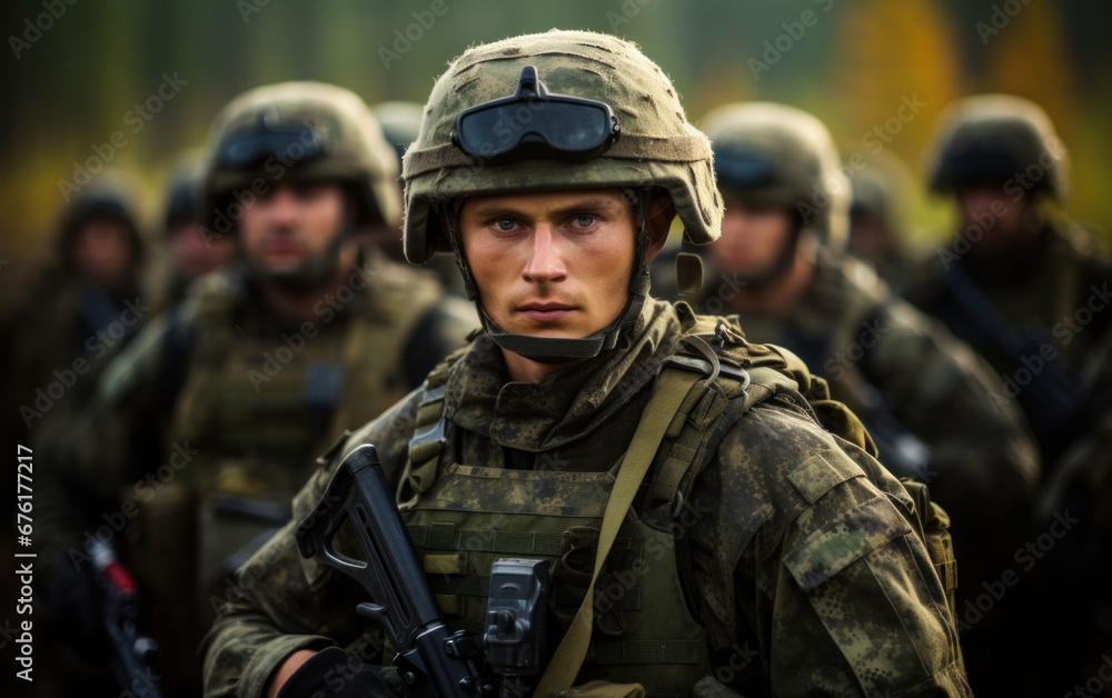 Determined soldier in combat uniform leading a platoon in a military exercise. Determined soldier in combat uniform leading a platoon in a military exercise.