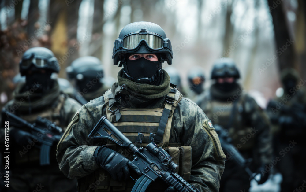 Armed combat unit in woodland attire prepared for a strategic military mission. Armed combat unit in woodland attire prepared for a strategic military mission.