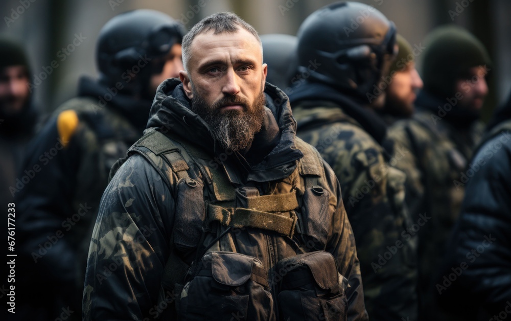 Bearded soldier with a stern look leading a unit in tactical military apparel.