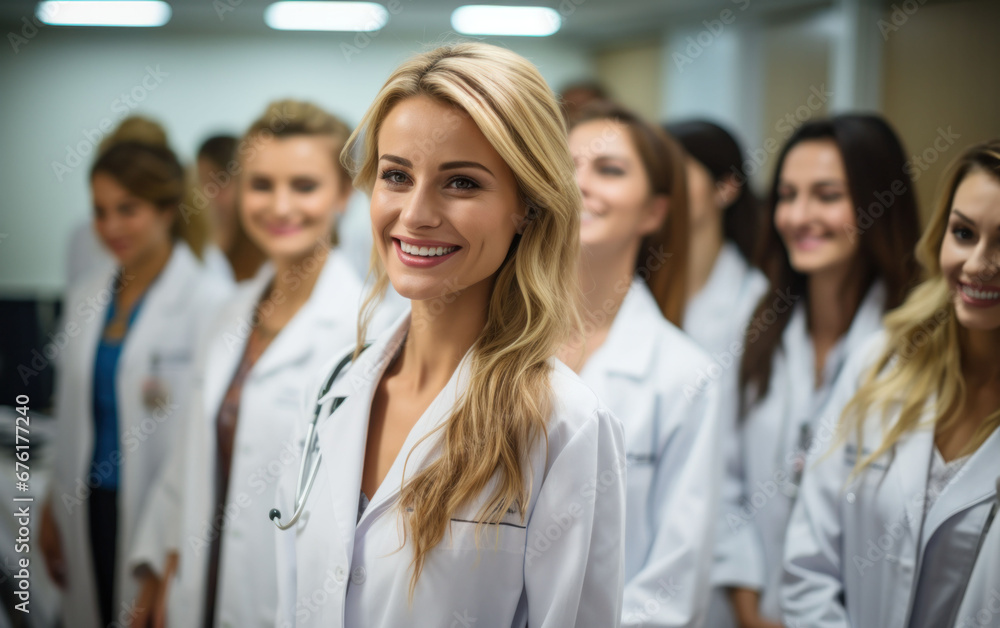 Smiling female medical professional with team of healthcare workers in the background. Smiling female medical professional with team of healthcare workers in the background.