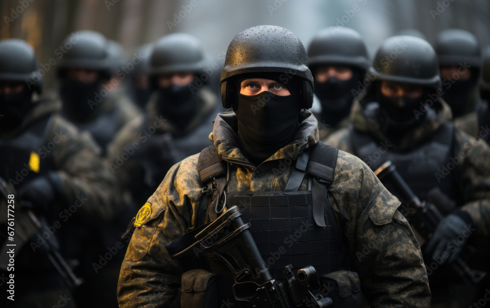 Security force in full riot gear amidst a tense urban environment operation. Security force in full riot gear amidst a tense urban environment operation.