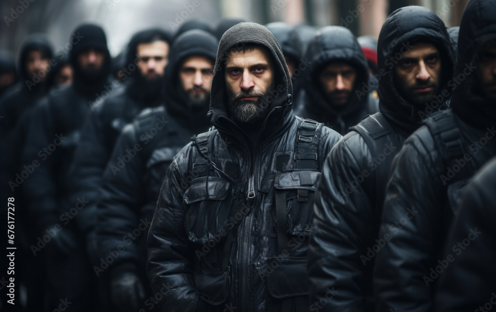 Intense group of security personnel in tactical gear standing united and ready. Intense group of security personnel in tactical gear standing united and ready.