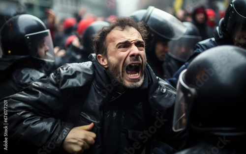 Agitated protester in a heated confrontation with riot police during a demonstration.