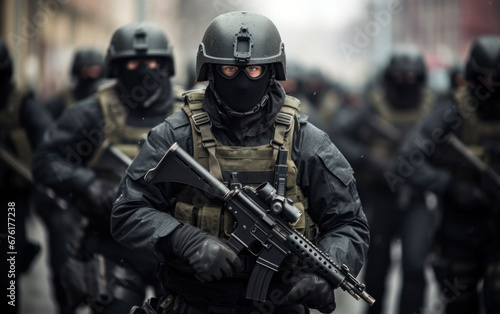 Armed task force in tactical gear advancing in an urban operation