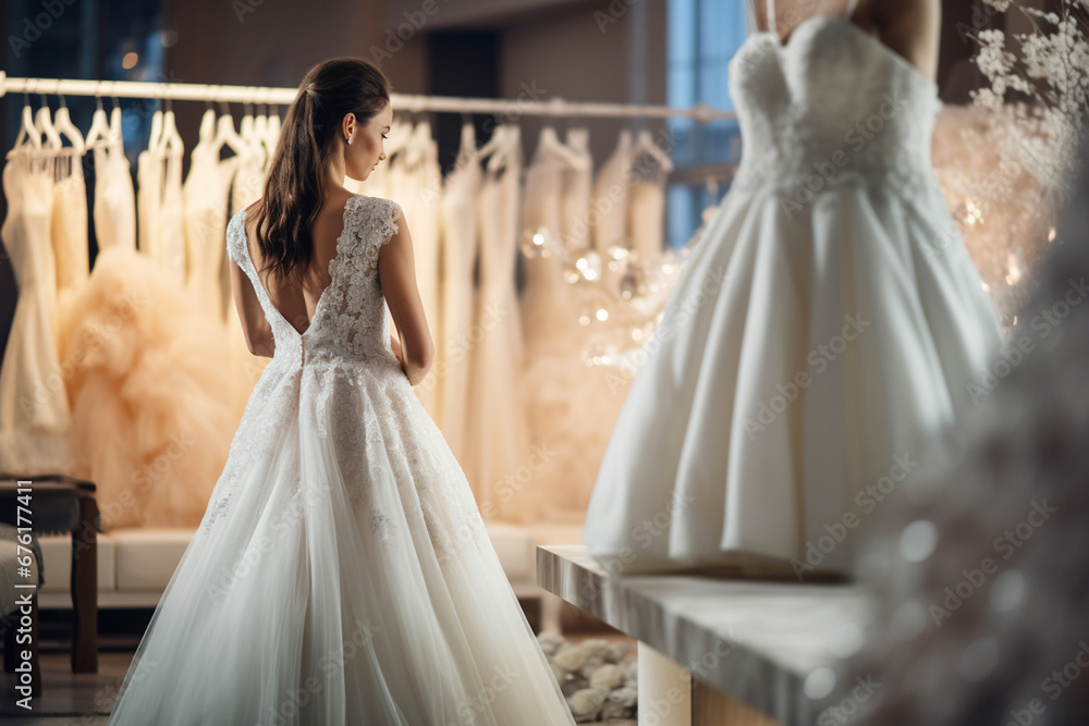 Naklejka premium The back view portrait of an attractive woman choosing and trying on a new exquisite wedding bridal dress at a wedding clothing studio and store. Generative AI.
