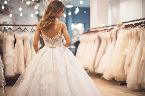 The back view portrait of an attractive woman choosing and trying on a new exquisite wedding bridal dress at a wedding clothing studio and store. Generative AI.