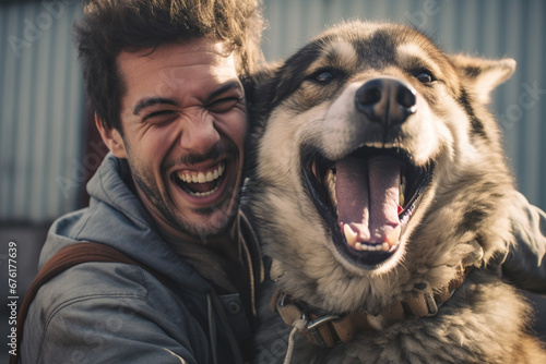 Portraits of a happy big dog with its owner are smiling and embracing gladly in the city. Selfie of an owner and dog pet. Generative AI. © Surachetsh