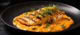 The texture of the grilled fish fillet was perfectly flaky and paired well with the vibrant orange curry sauce showcasing a harmonious fusion of cooking techniques and spices to create a nu