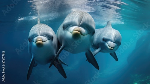 Close-up of dolphins in their natural habitat, clear blue waters reflecting sunlight. © Postproduction