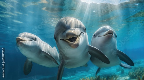 Underwater scene of three joyful dolphins moving together in harmony © Postproduction