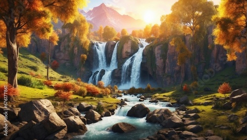 Fall foliage surrounds cascading waterfall & rocky river 
