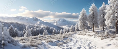 A panoramic winter landscape with snow-covered mountains and pine trees  © noah