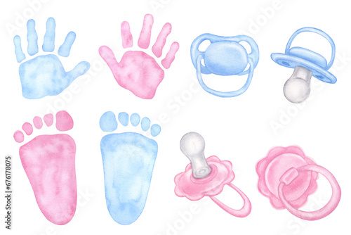 Little blue pink palm, handprint, footprint. Pacifier, dummy for newborn girl, boy. Baby shower, gender reveal party. Hand drawn watercolor illustration isolated on white background photo