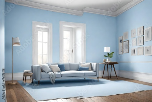 modern living room with sofa with blue and white theme 